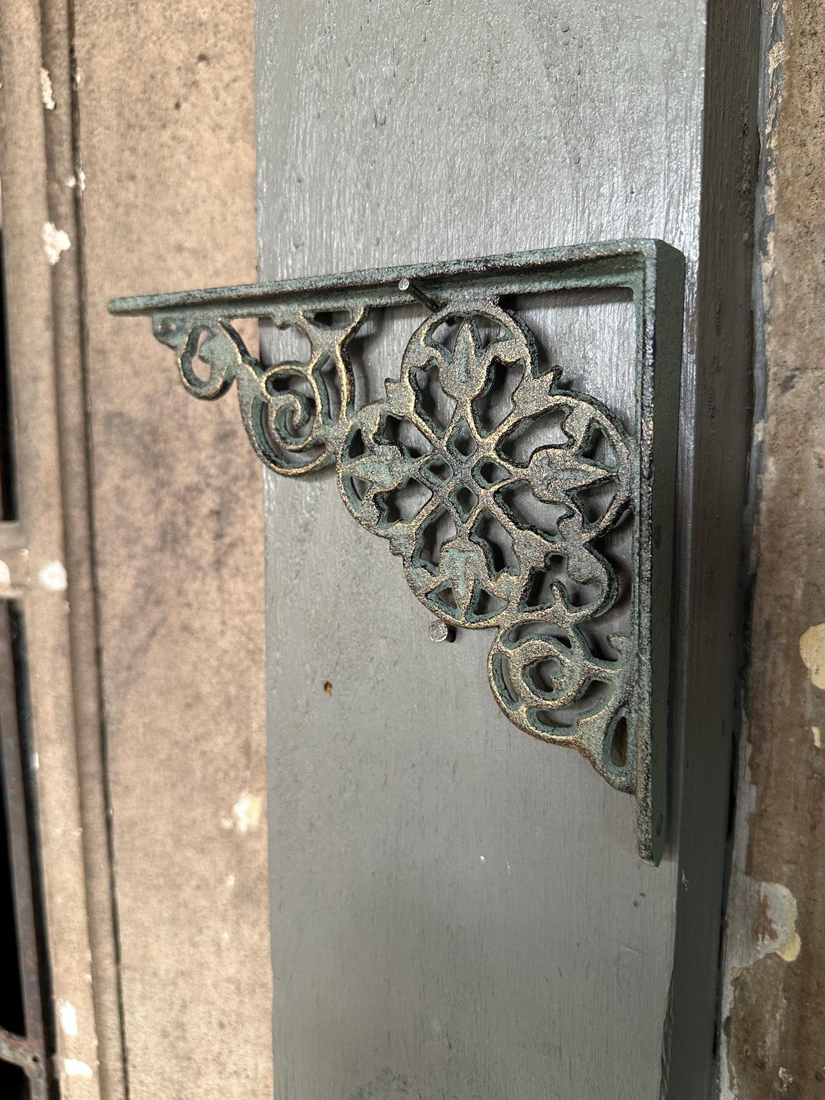 Set Of 2 - Verdigris Green Brackets With Tulip Motif Flower Floral Brace