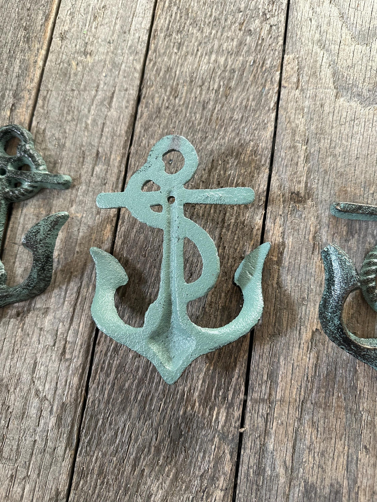 Set Of 3 Cast Iron Anchor Hanger Hooks - Beach Nautical Room Holder Towel Hat Key Coat Rack Double
