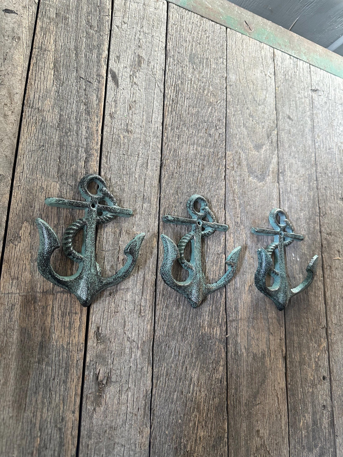 Set Of 3 Cast Iron Anchor Hanger Hooks - Beach Nautical Room Holder Towel Hat Key Coat Rack Double