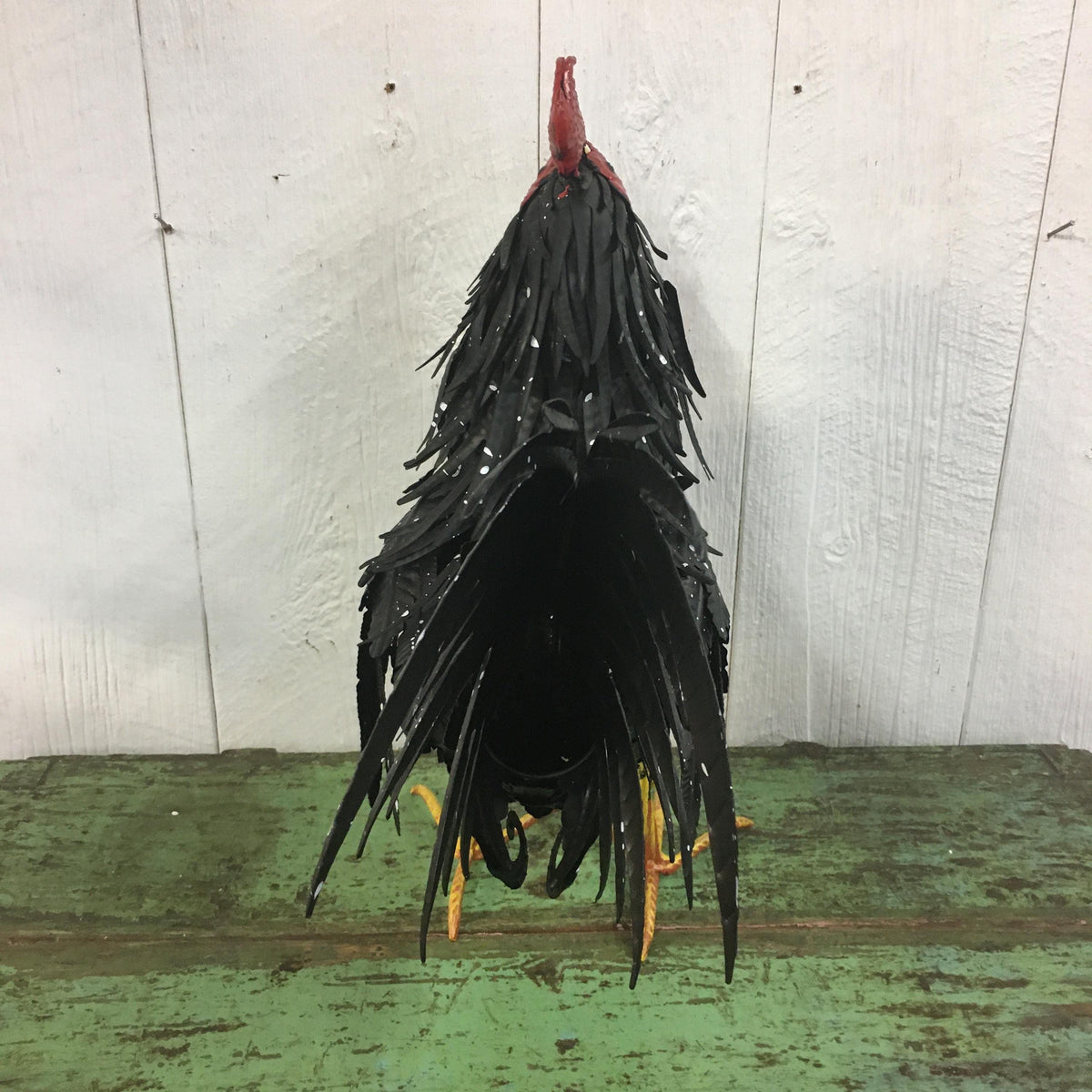 Beautiful Full-Size Black & White Spotted 19” Metal Rooster Statue Garden Art Yard Chicken