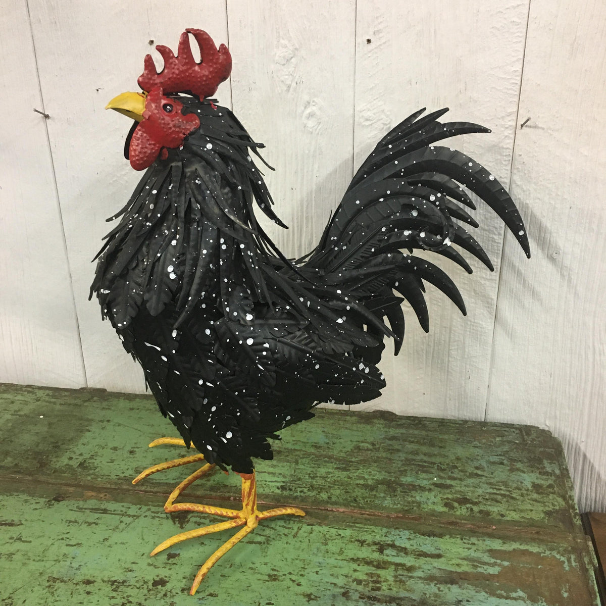 Beautiful Full-Size Black & White Spotted 19” Metal Rooster Statue Garden Art Yard Chicken