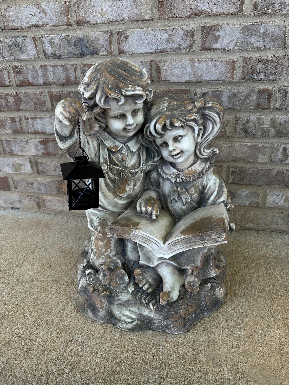 Large Stone Style Boy & Girl Holding Lantern Garden Art Statue