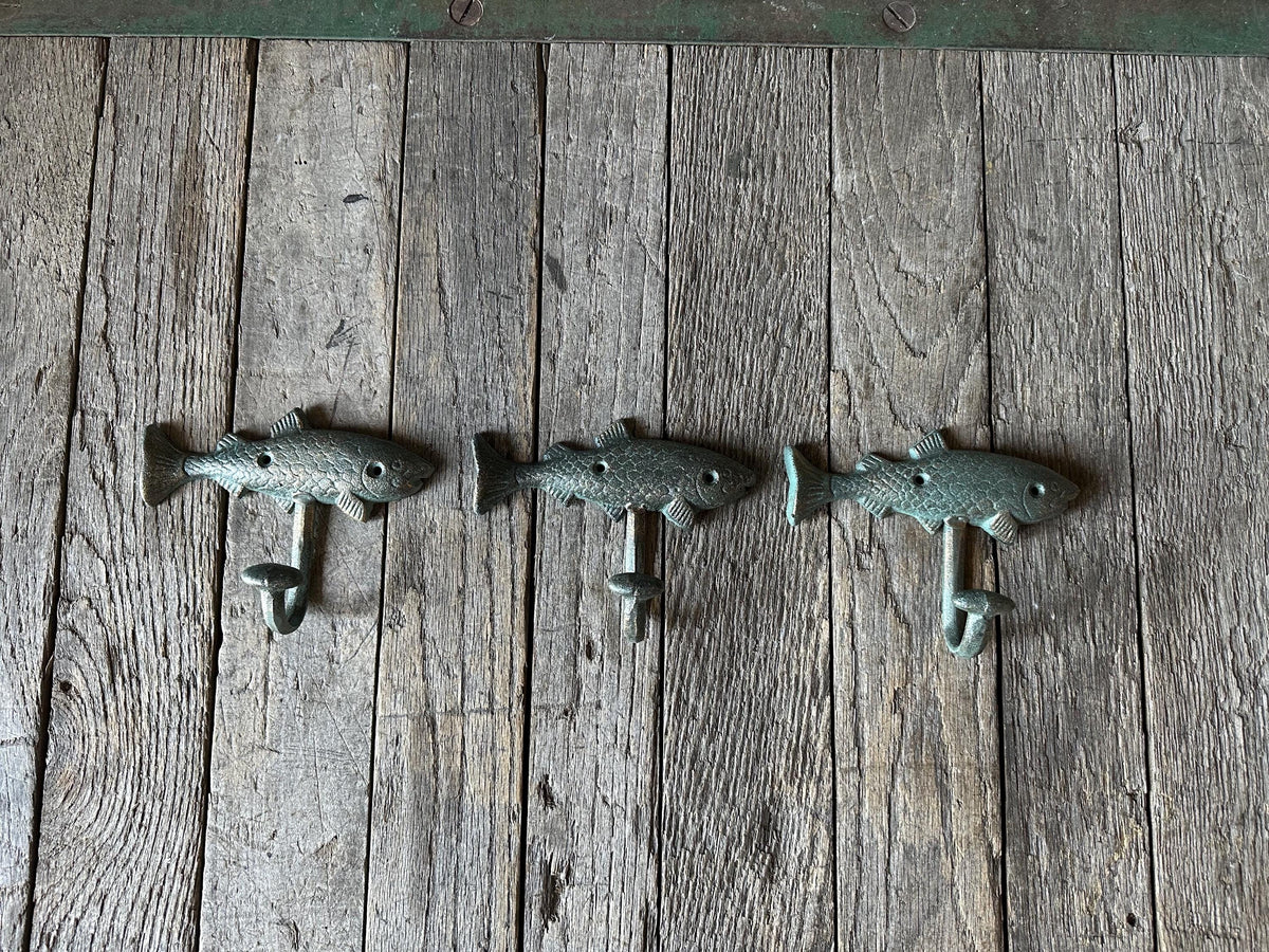 Set Of 3 - Cast Iron Fish Wall Hook Salmon Trout Rustic Cabin Decor Dinner Mountain Forest Entryway Towel Key Hanger