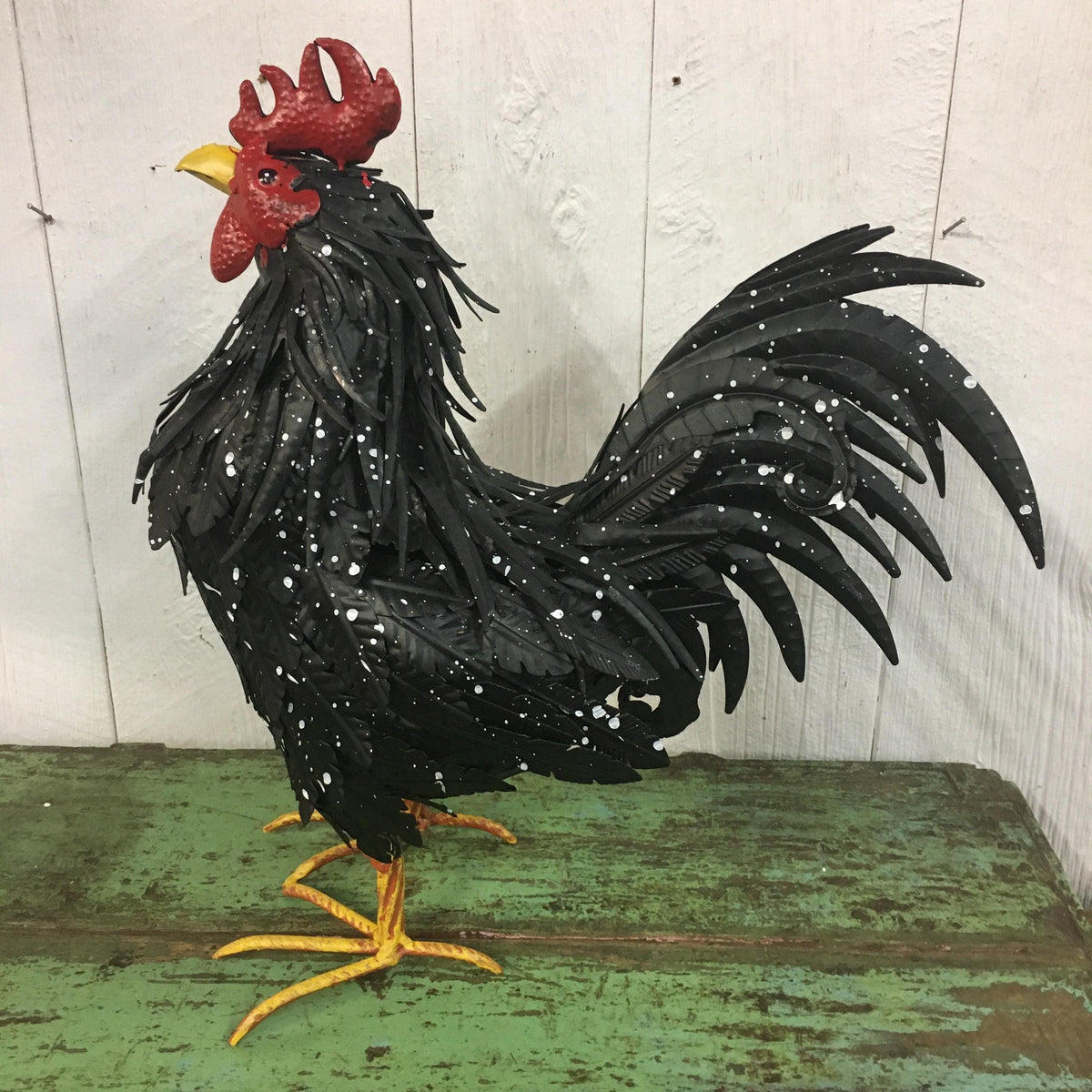 Beautiful Full-Size Black & White Spotted 19” Metal Rooster Statue Garden Art Yard Chicken