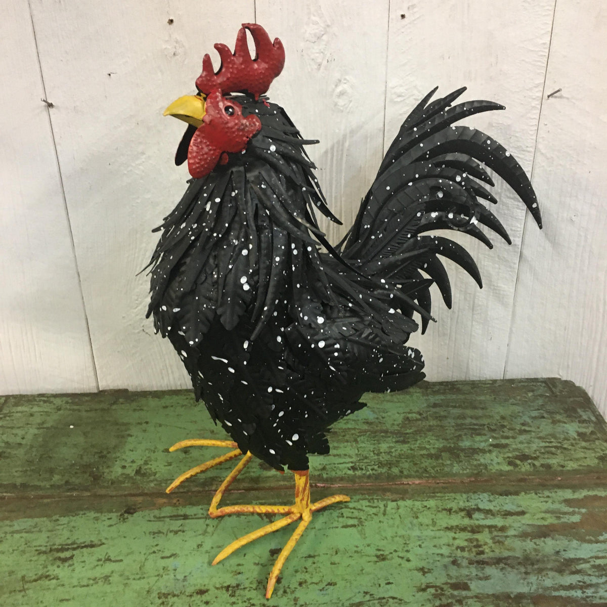 Beautiful Full-Size Black & White Spotted 19” Metal Rooster Statue Garden Art Yard Chicken