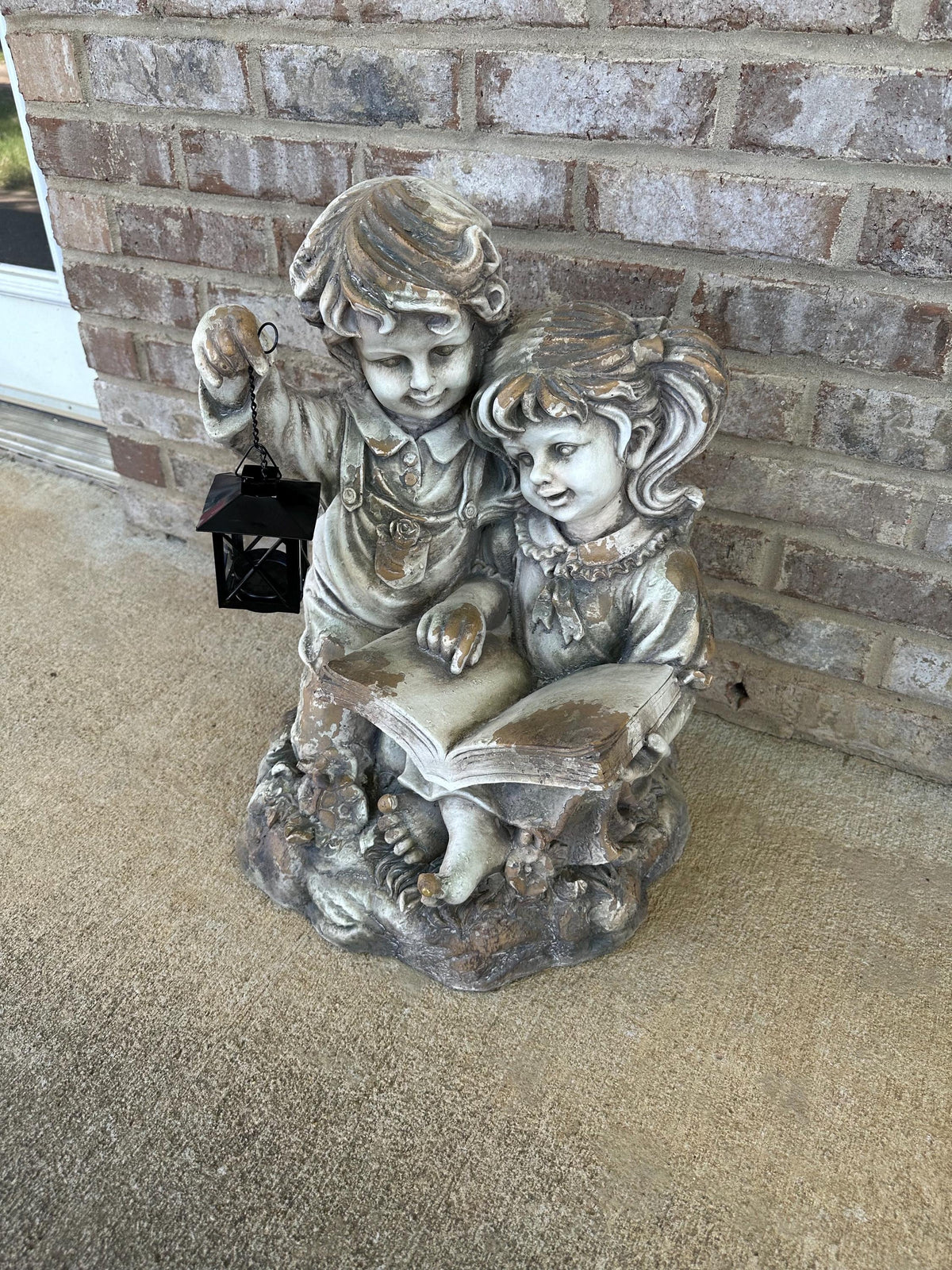 Large Stone Style Boy & Girl Holding Lantern Garden Art Statue