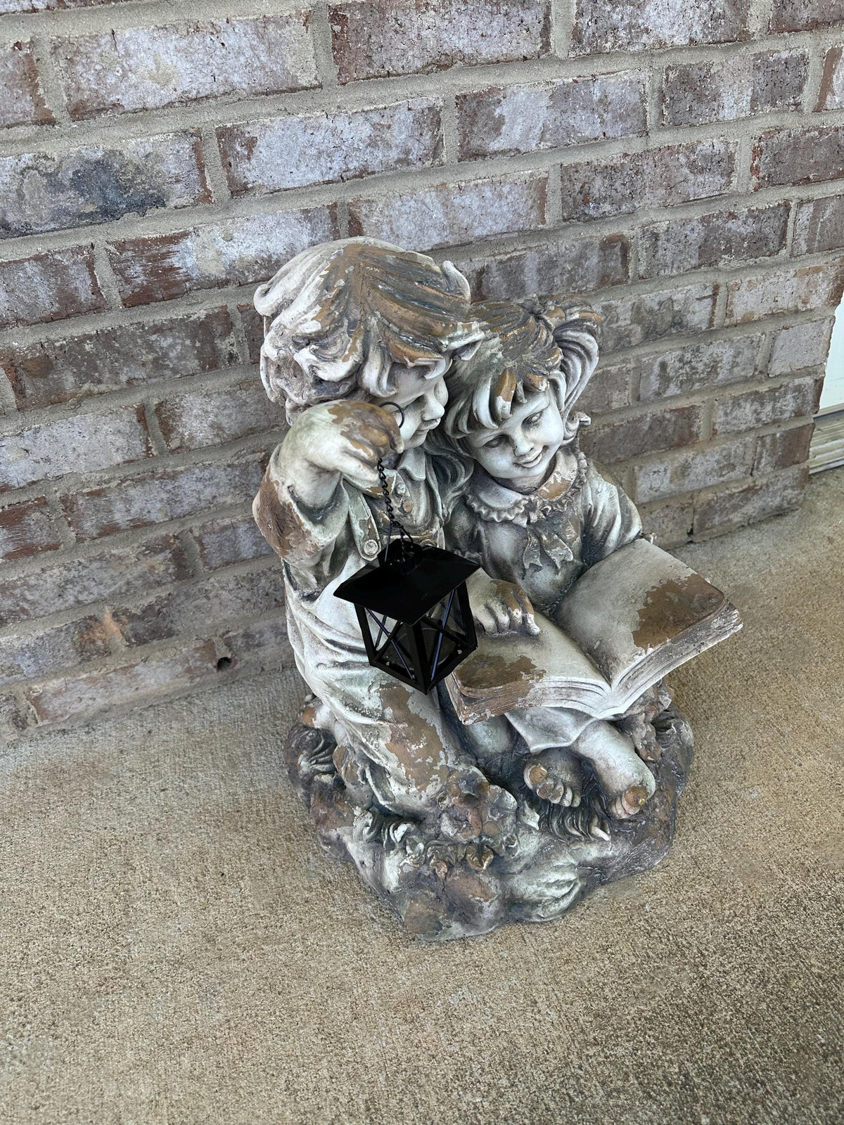 Large Stone Style Boy & Girl Holding Lantern Garden Art Statue
