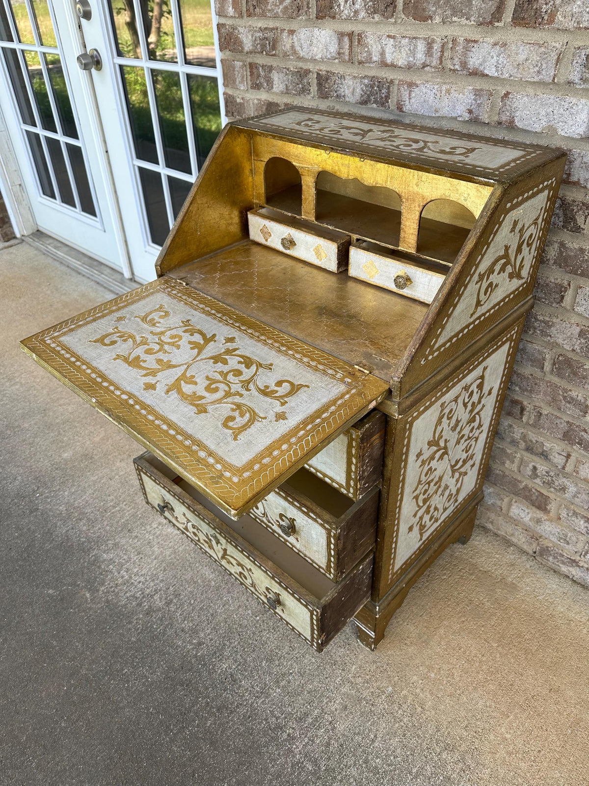 Vintage Italian Florentine Gold Drop Front Chest Secretary Furniture Hollywood Regency