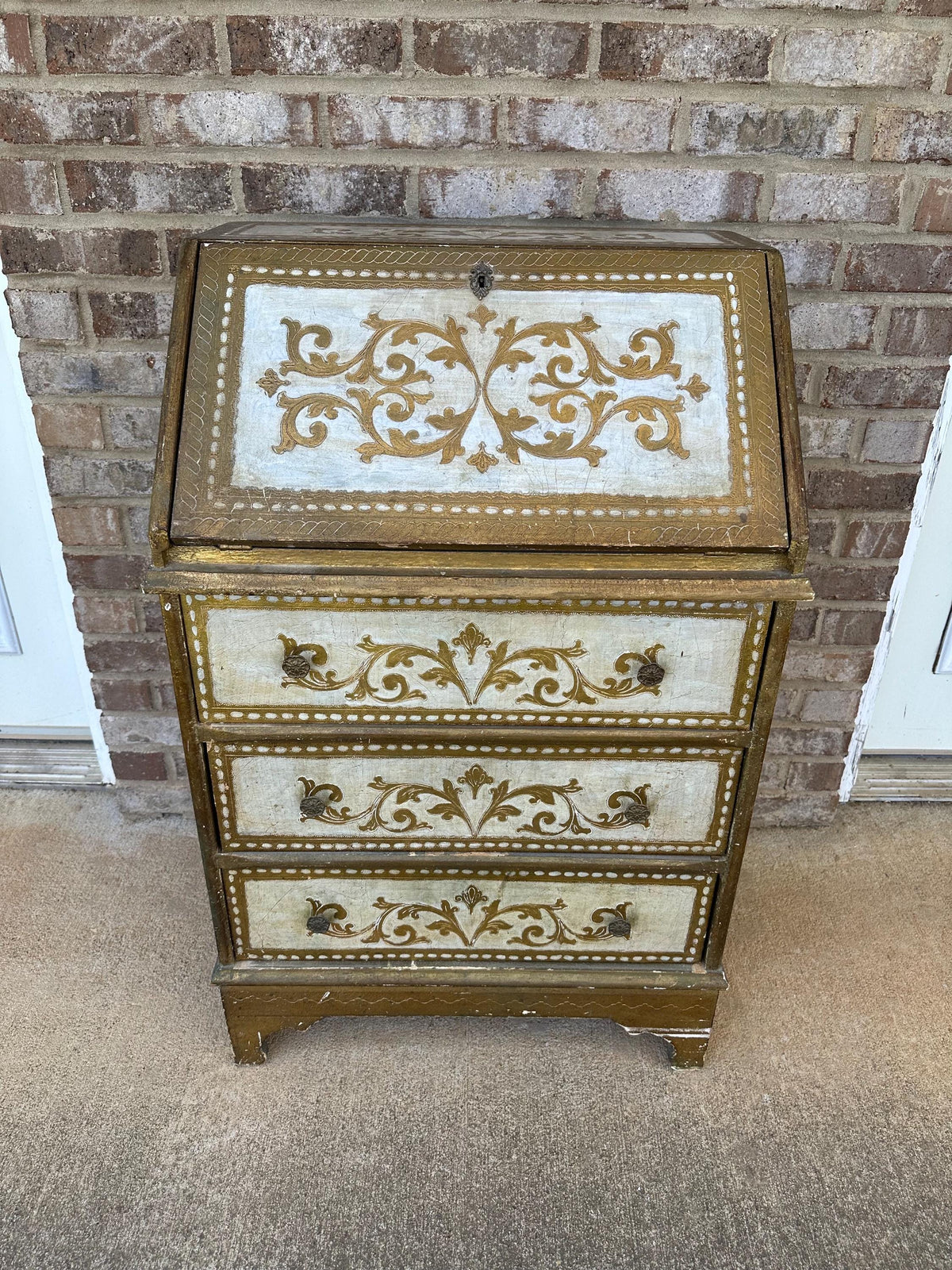 Vintage Italian Florentine Gold Drop Front Chest Secretary Furniture Hollywood Regency