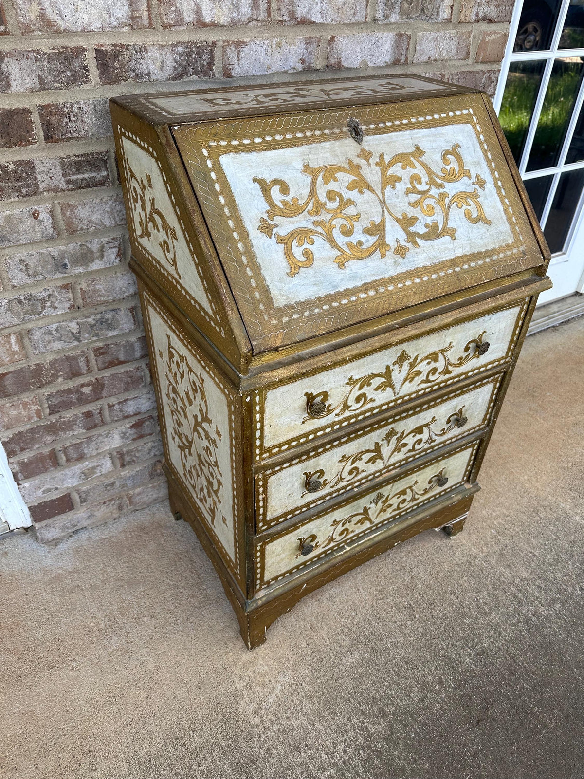 Vintage Italian Florentine Gold Drop Front Chest Secretary Furniture Hollywood Regency