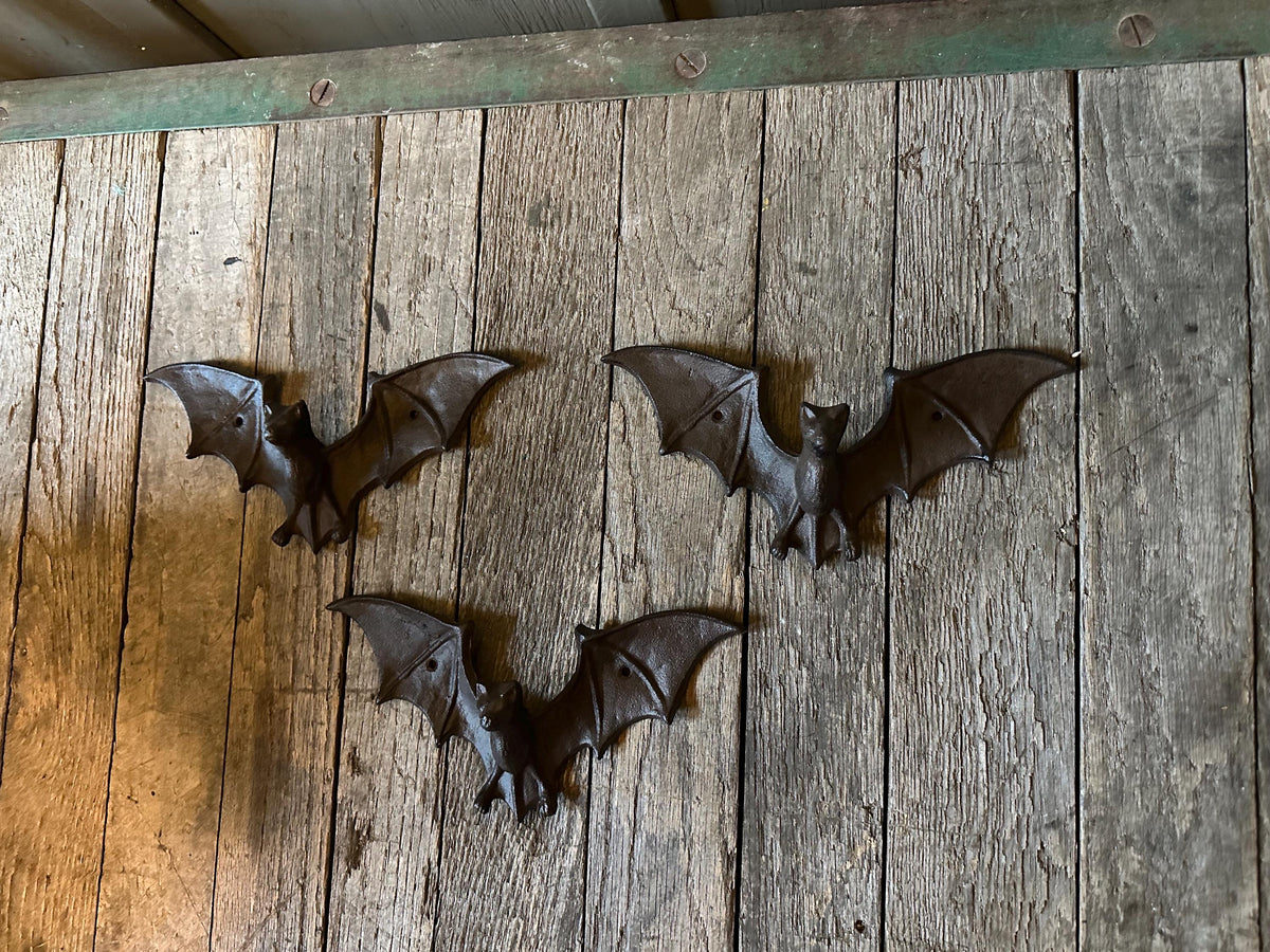 Set Of 3 Large Cast Iron Bat Hanger Hooks Life-Size Spooky Gothic
