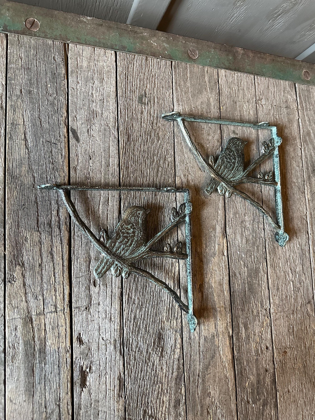 Set Of 2 - Cast Iron Verdigris Green Bird Brackets
