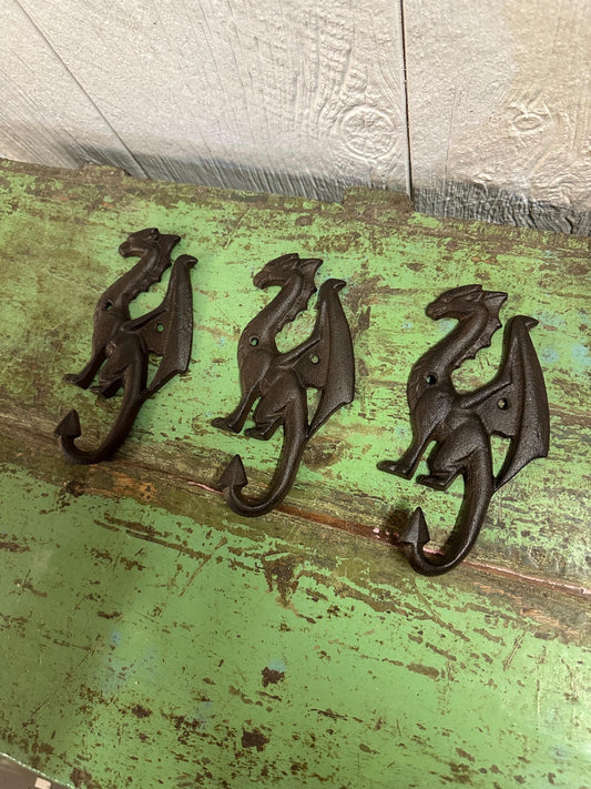 Set Of 3 Dragon Hooks - 6” Tall Medieval Castle Knights Entryway Bathroom Towel Coat Hat Holder Mythical Fire