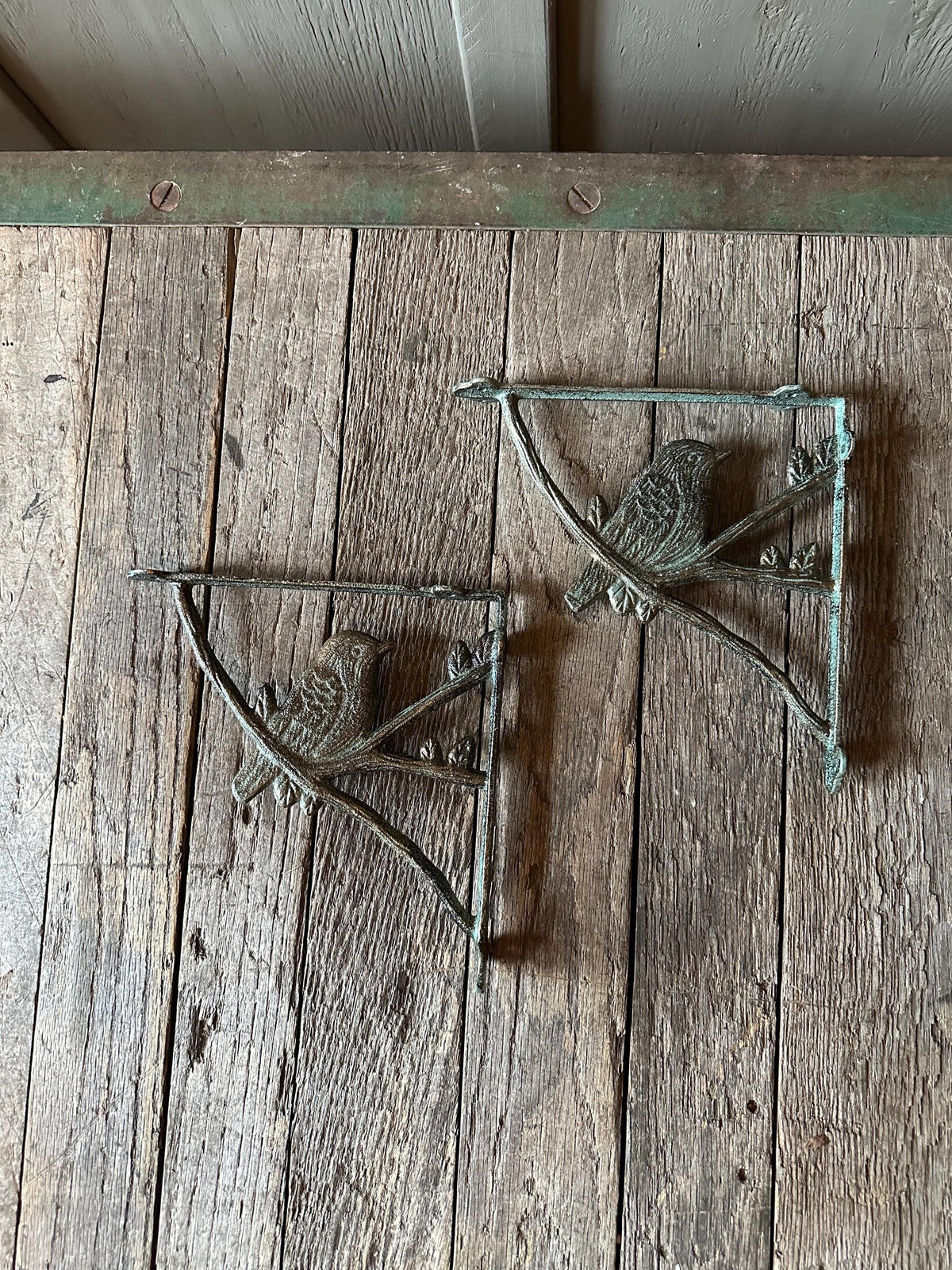 Set Of 2 - Cast Iron Verdigris Green Bird Brackets