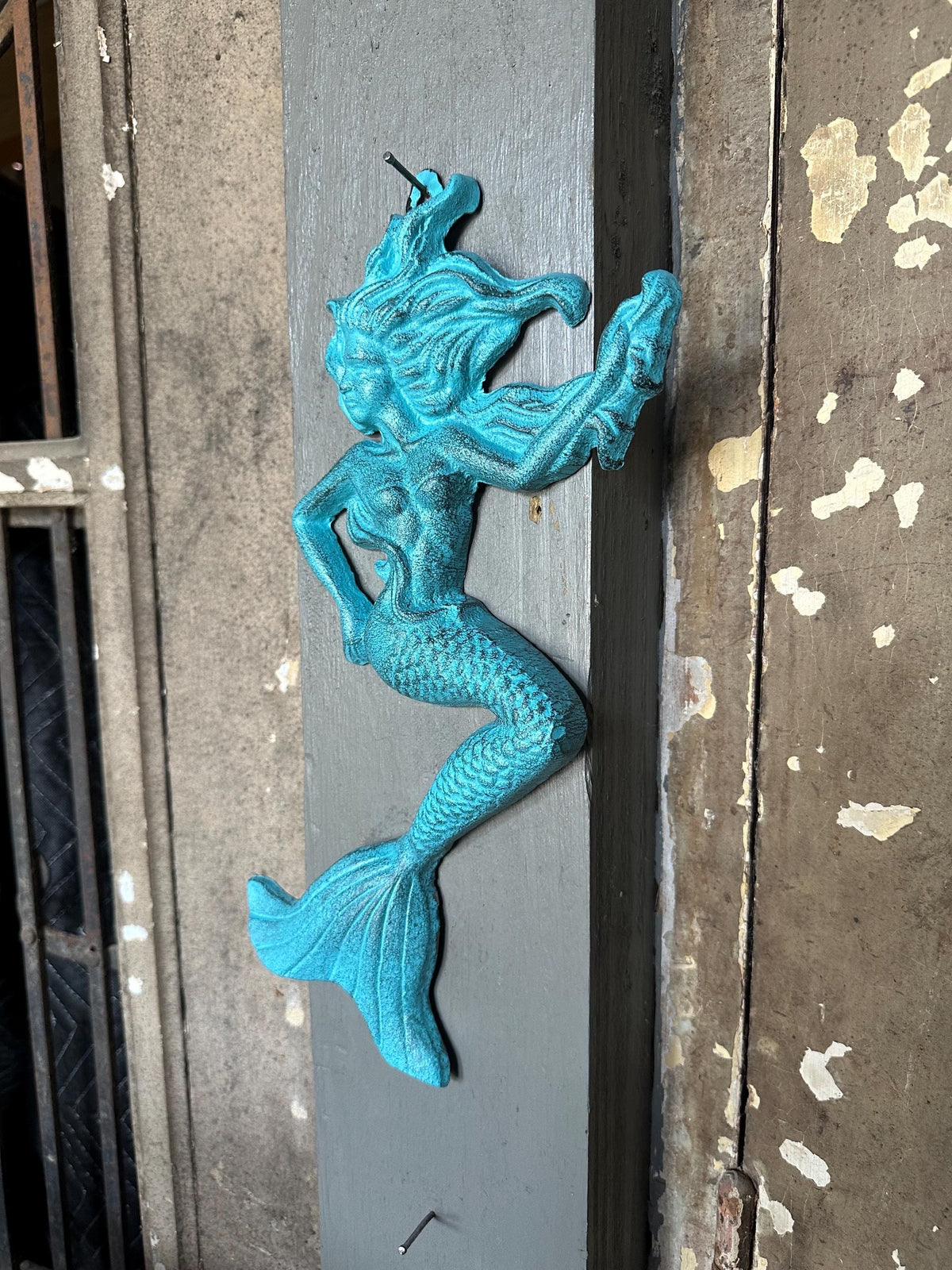 Large 13” Cast Iron Nautical Mermaid Plaque Wall Hanging Rustic Blue Beach House
