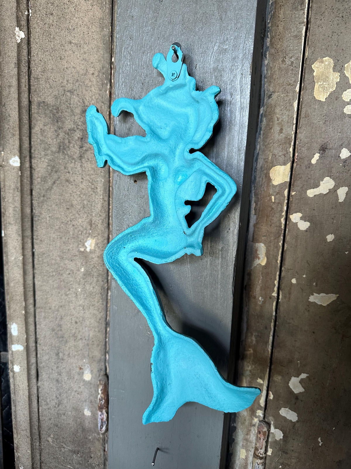 Large 13” Cast Iron Nautical Mermaid Plaque Wall Hanging Rustic Blue Beach House