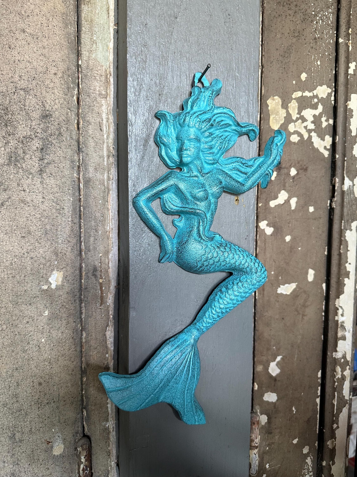 Large 13” Cast Iron Nautical Mermaid Plaque Wall Hanging Rustic Blue Beach House