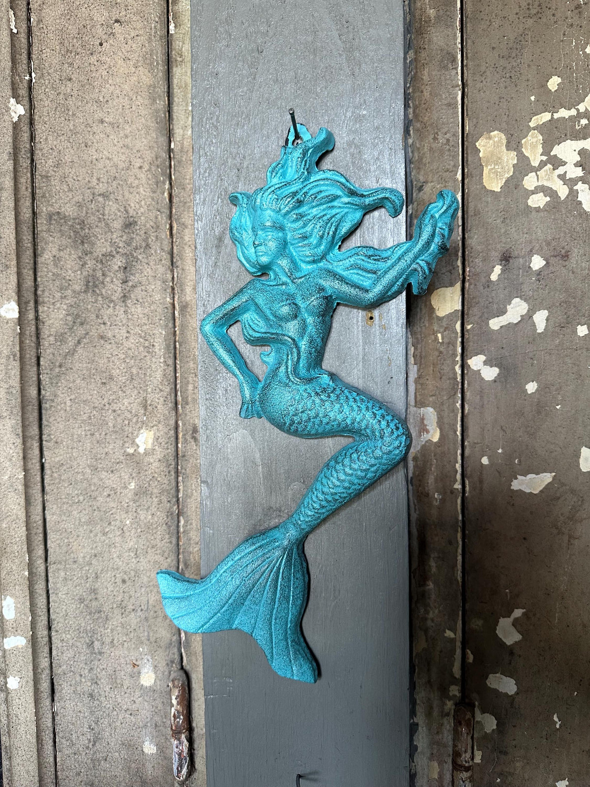 Large 13” Cast Iron Nautical Mermaid Plaque Wall Hanging Rustic Blue Beach House