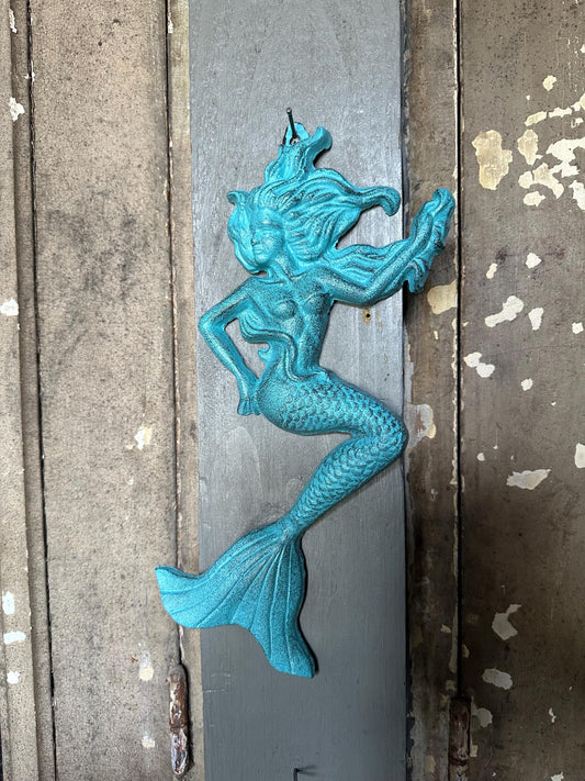 Large 13” Cast Iron Nautical Mermaid Plaque Wall Hanging Rustic Blue Beach House
