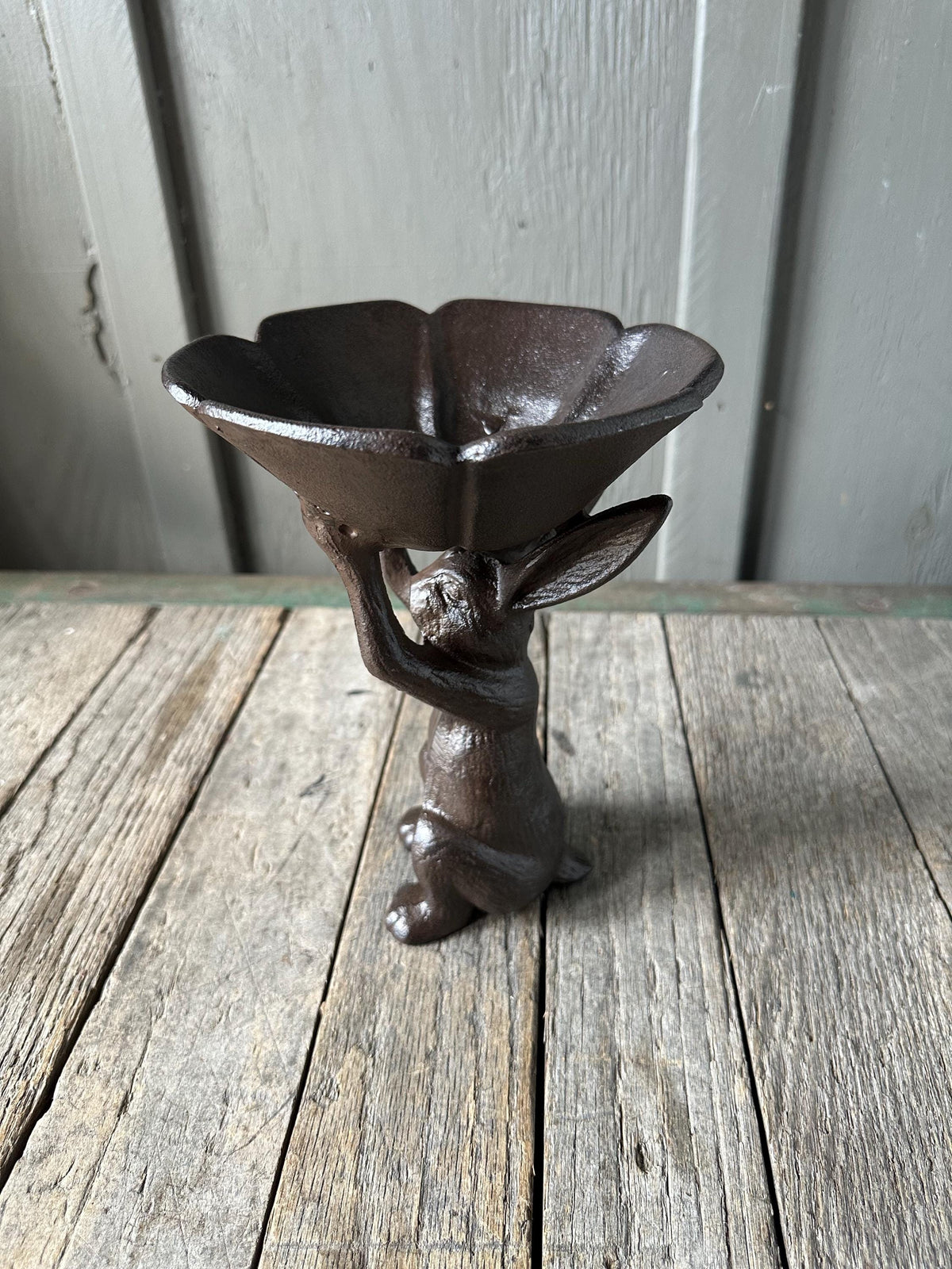 Cute 9” Large Rabbit Holding Bowl Cast Iron Bunny Bird Feeder