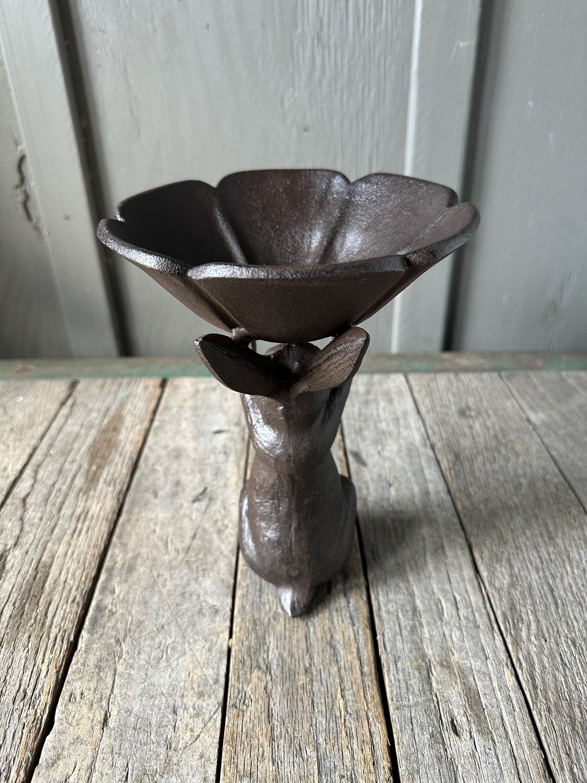 Cute 9” Large Rabbit Holding Bowl Cast Iron Bunny Bird Feeder