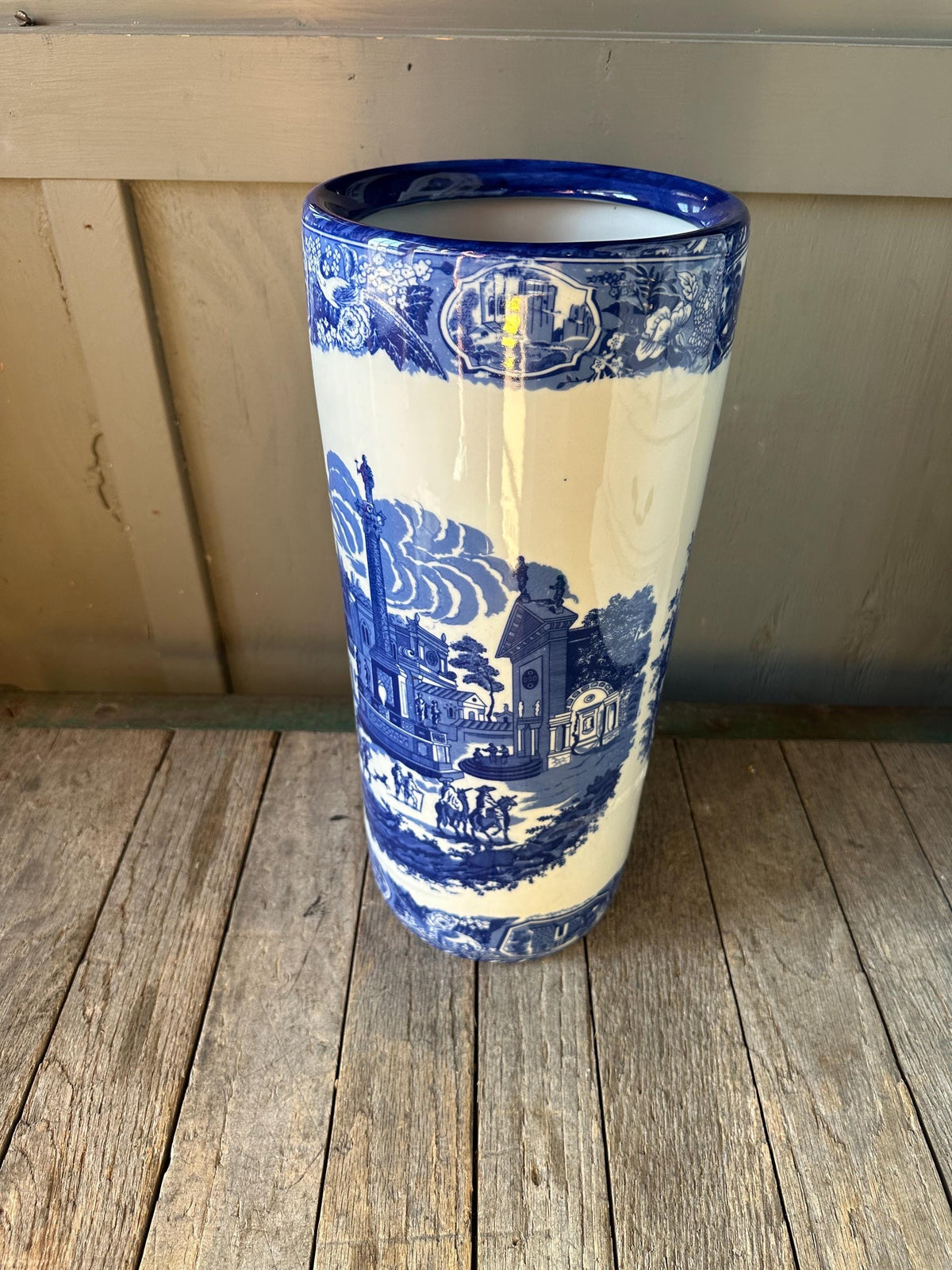 Beautiful Ironstone Umbrella Stick Stand White Blue Townscape Motif 18” Flo Blue