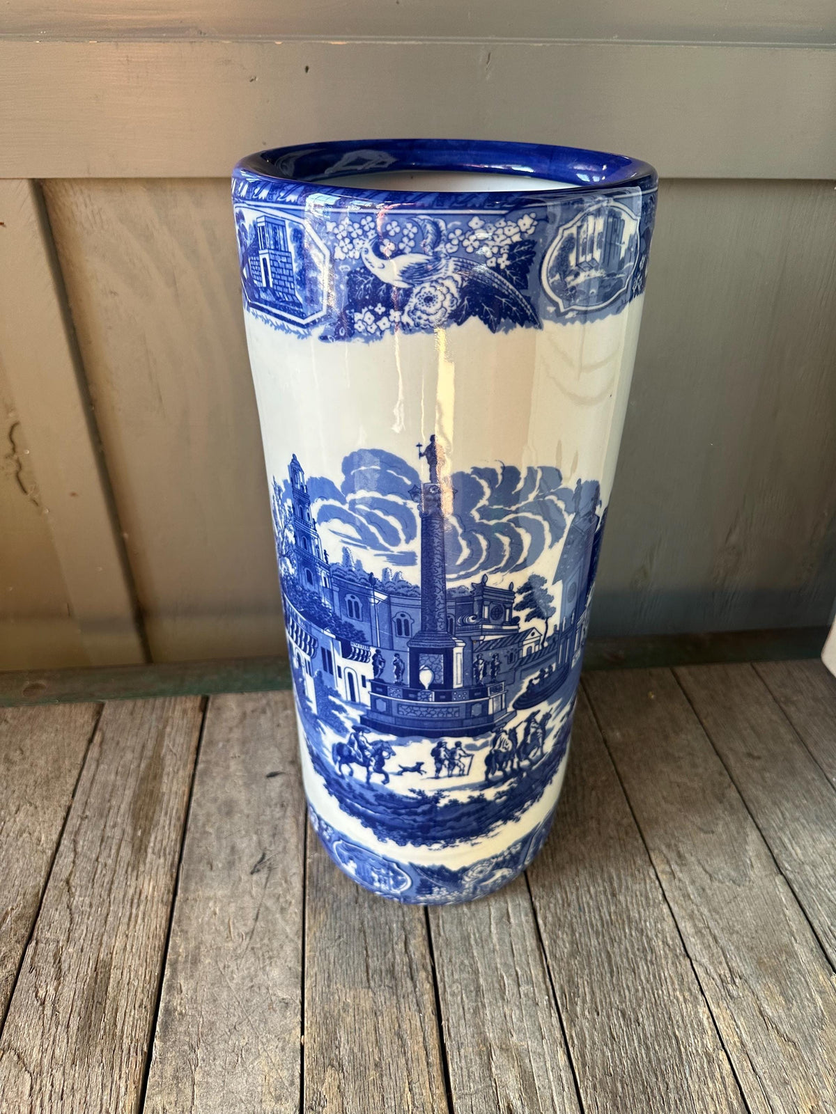 Beautiful Ironstone Umbrella Stick Stand White Blue Townscape Motif 18” Flo Blue