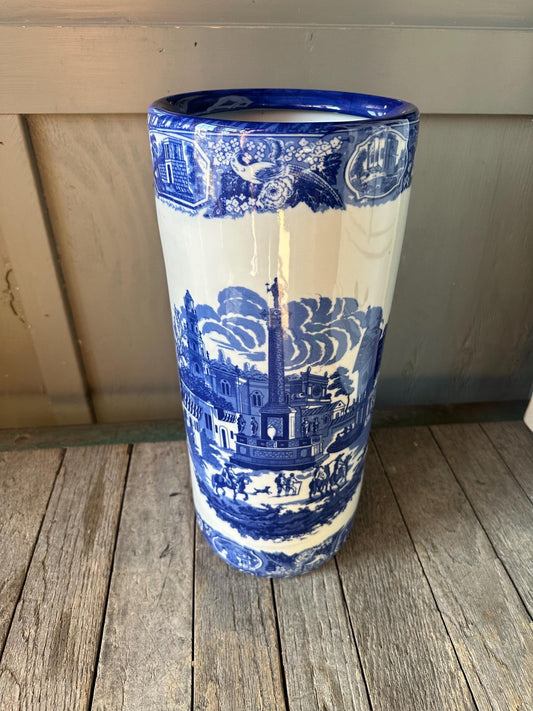 Beautiful Ironstone Umbrella Stick Stand White Blue Townscape Motif 18” Flo Blue